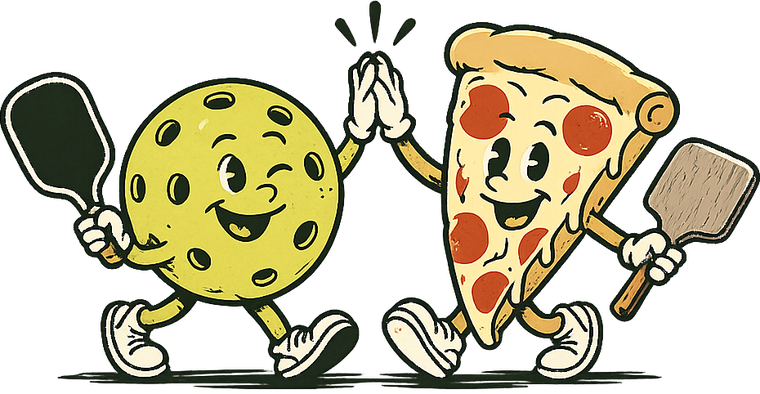 A pickleball and a pizza slice high-fiving, the Having a Pickleball mascots